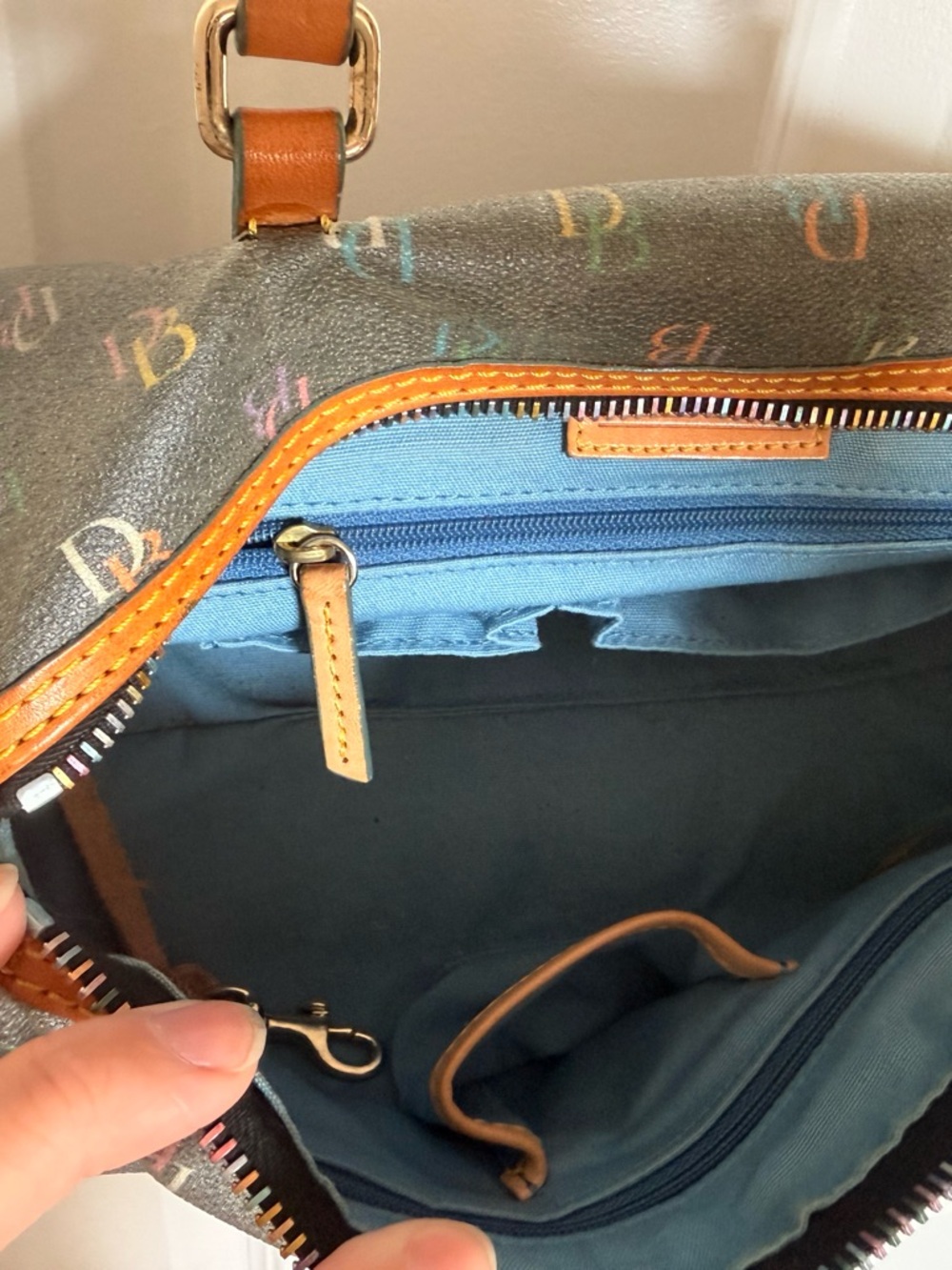 Dooney & Bourke Brown Multicolor DB Logo Shoulder Bag with Tan Trim - Picture 6 of 9